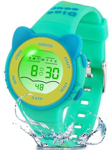 Juboos Reloj Digital para Niños Niña,Luz Intermitente LED de 7 Colores Reloj de Pulsera Niña Multifunción con Pantalla Impermeable para.Reloj Deportivo Digital para Niños,3 a 15 (Imprimir-Verde)