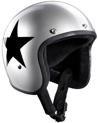 BANDIT Open Motorcycle Helmet Jet Star Silver Gloss Custom Biker Style Visor Included Silver Gloss Star Open Helmet Stars (XS)