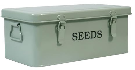 Gzsekken Metal seed box 4 Compartments Seed Envelope Storage Box,Seed Packet Storage Container Box with Safety Lock & Lid Coated Steel Green Garden Seed Tin Organiser for Gardeners