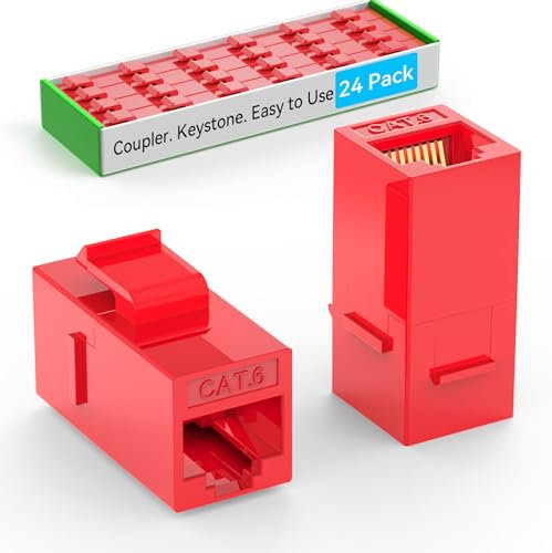 Sokqovt Lot de 24 coupleurs Keystone Cat6 RJ45 femelle vers femelle, prises Keystone Cat 6 en ligne pour plaque murale et panneau de brassage, coupleur Ethernet RJ45 rouge