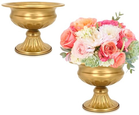 AZXTOPSEZ Gold Pedestal Vases for Centerpieces: Wedding Flower Vase for Tables 5 Inch Small Metal Compote Bowl Vase for Birthday Party Anniversary Event Home Decoration Set of 2