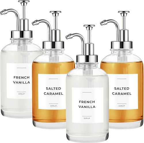 Spaceneat Coffee Syrup Dispenser with Pump - Includes 24 Flavour Labels - Glass Syrup Dispenser for Coffee Bar - Elevate your Beverage Station with 500 ml Flavouring Container Bottles, 4pcs, Silver