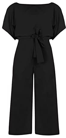 hahuha Casual Jumpsuit for Ladies 2024 Ladies Casual Summer Solid Color Sleeveless Capri Pants High Waist Tie Jumpsuit Hammer Jumpsuit (Black, M)
