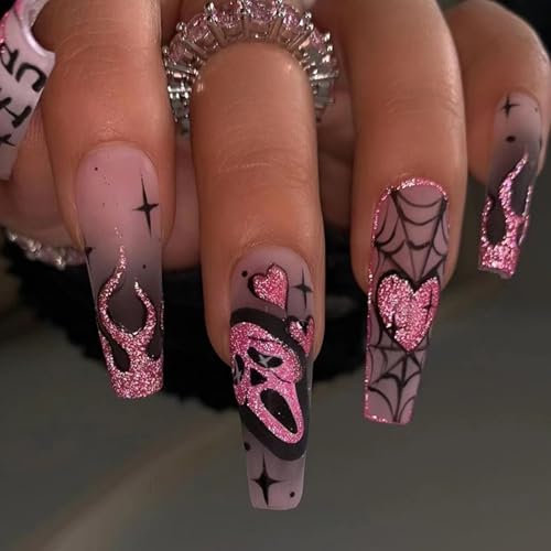 24 Stück Halloween Rosa Press on Nails, Coffin Lange Nägel zum Aufkleben Acryl Full Cover Kunstnägel mit Spinnennetz & Skelett, Ballerina Natürliche Fingernägel Künstliche Nägel für Frauen und Mädchen