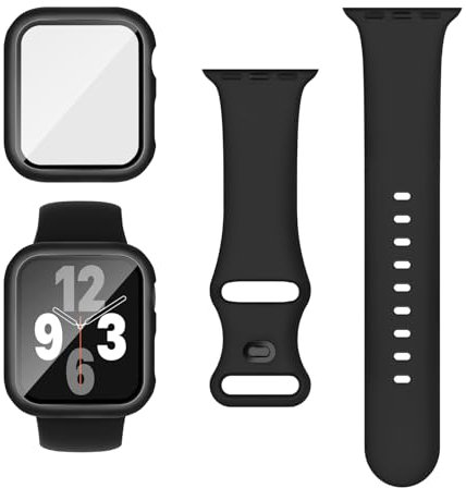 Raradev 3 en 1 para correas de Apple Watch de 44mm con funda y protector de pantalla, correa deportiva de silicona y cobertura protectora con vidrio templado 9H para iWatch Series 6/5/4/SE, Negro