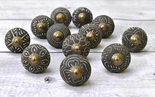 ARTISNO 12Pc Charcoal Color Matt Rustic Style Matt Rustic Style Ceramic Knobs for Cupboard Door Drawer Furniture Handles for Kitchen Bathroom Cabinet Dresser Handmade Decorative Knobs