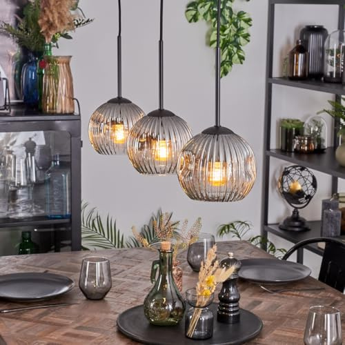 HOFSTEIN Hängeleuchte Ripoll, 3-flammige Hängelampe aus Metall/Riffelglas in Schwarz/Rauch/Klar, moderne Pendelleuchte im Retro/Vintage-Design, Schirme Ø 15 cm, E27, Esszimmer, Wohnzimmer, Küche