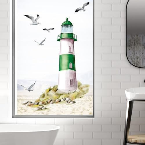 Wandtattoo Loft Fensterbild mit grünem Leuchtturm wiederverwendbar A2 Bogen, Fensteraufkleber Leuchtfeuer maritim grün Ostsee Nordsee Meer Urlaub Fensterdeko Küche Fenstersticker Möwen Warnemünde