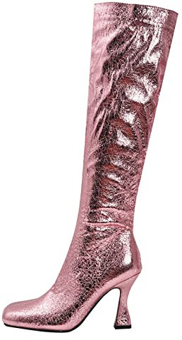 Stivali sopra il ginocchio, da donna, con gambo largo, tacco a spillo, stivali alti con tacco alto, stivali alti con brillantini, in pelle PU, scarpe da sera, Colore: rosso, 38 EU