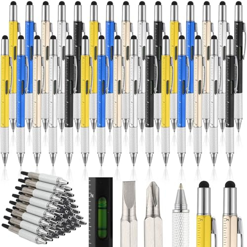 Yeaqee 30 Pcs Men Multi-Tool Gifts Bulk 6 in 1 Screwdriver Multi Pens with Refills Ruler Level Gauge Multi Pen Gifts for Adult Men Dad Husband Birthday Christmas Stocking Stuffer (Vivid Color)