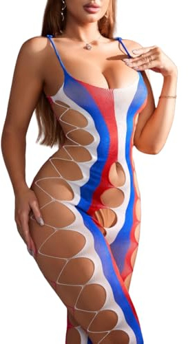 KFLY Lencería de hadas para mujer, body de red arcoíris, babydoll hueco, mallas de malla transparente, ropa interior colorida de manga larga, ropa de noche, salida de baño para festivales y fiestas