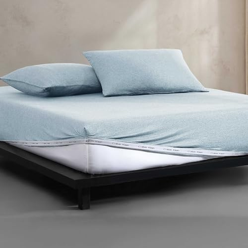 Calvin Klein Queen-Size-Bettlaken, Baumwoll-Melange-Jersey-Bettwäsche-Set mit tiefen Taschen, superweich und gemütlich, Moderne Baumwolle, Aquamarin, Queen-Size-Bett