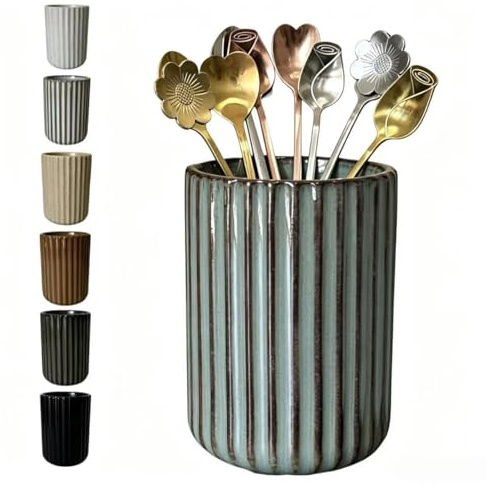 TOPYOKK Stoneware Coffee Bar Utensil Holder Tea & Coffee Spoon & Stirrer Holder for Stir Stick Straw Teaspoon Holder Espresso Spoon Cup Small Utensil Jar Fluted Vertical Stripe (Concrete Grey)