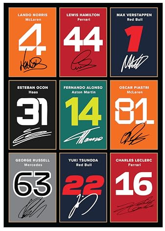 Icons Wall Art Norris Hamilton Verstappen Ocon Alonso Piastri Russell Tsunoda Leclerc F1 Racing signiertes A4-Foto, Geschenk für Formel-1-Fans, digital reproduzierte Signatur, ungerahmt
