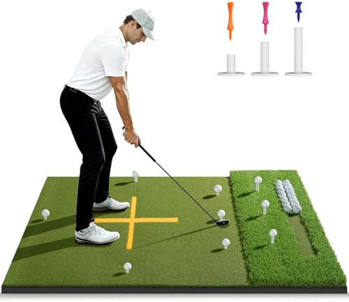 Golf Mat with Ball Tray, 5.2x4FT Dual-Turf Golf Hitting Mat with 9 Hitting Holes, Alignment Aid, 10mm Thick, Practice Mat for Indoor Outdoor Swing Training, Ideal Golf Gift for Men Dad