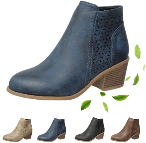 Stivaletti ortopedici da donna, con tacco medio, in pelle, stile retrò, stile western, a punta, stivali Chelsea con tacco grosso, stivali da cowboy