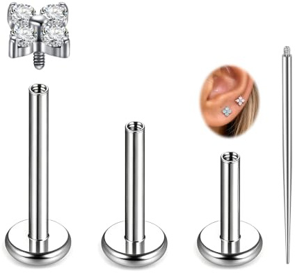 AVYRING 16G Titan Forward Helix Conch Tragus Piercing Schmuck Flat Back Studs Ohrringe, Silber Internally Threaded Labret Lippenpiercing Nasenstecker für Damen 6mm 8mm 10mm