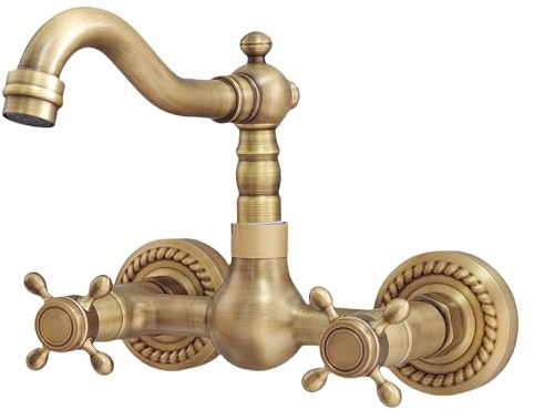 KOPYFANTAP Rubinetto Cucina a Parete Ottone Anticato Due Manopole | Miscelatore Lavello a Muro Retro, Acqua Calda e Fredda, Girevole a 180°, Bocca da 16 cm, per Bagno e Cucina