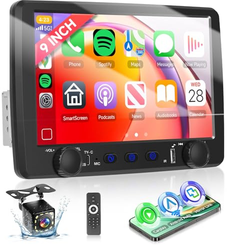 Single Din Car Stereo with 9 HD IPS Touchscreen Wireless Carplay | Hodozzy 1 Din Touchscreen Radio with Wireless Android Auto, BT 5.0, FM, Mirror Link, USB, Type-C, SWC & 12 LED Reverse Camera