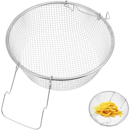 HOMSFOU Stainless Steel Deep Fry Basket 22cm with Handheld Steel Handle, Round Frying Mesh Strainer for French Fries and Chicken Wings, Kitchen Fryer Accessory for Home Cooking