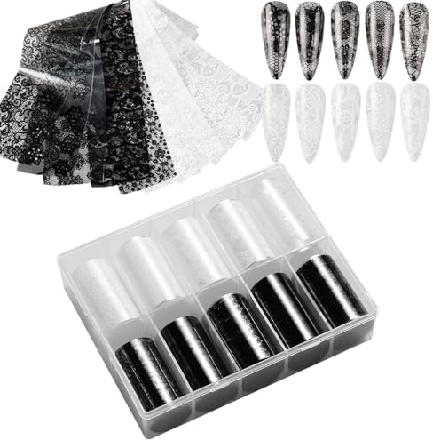 10 Rollen Nagelfolien Spitze, Schwarz Weiße Lace Transferfolie Nägel Nagelsticker Nageldekoration für Frauen, 4 * 100CM