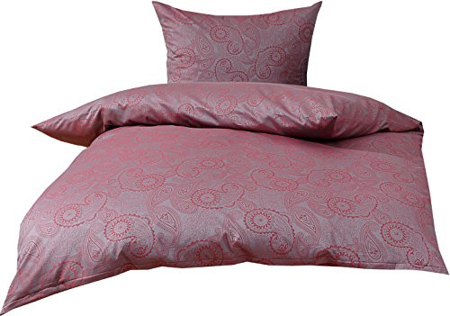 Bettwaesche-mit-Stil Mako Satin Damast Paisley Bettwäsche Garnitur Davos 155x220 + 80x80 rot - grau