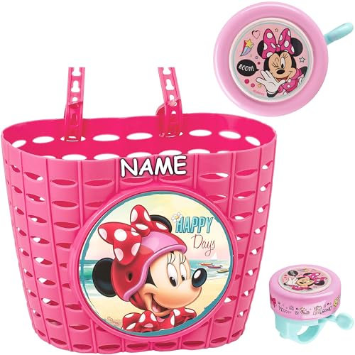 alles-meine.de GmbH 2 TLG. Set: Fahrradkorb/Korb + Fahrradklingel - Minnie Mouse - incl. Namen - mit Befestigung für Lenker vorn - Fahrrad Maus Mickey - rot - universal auch fü..