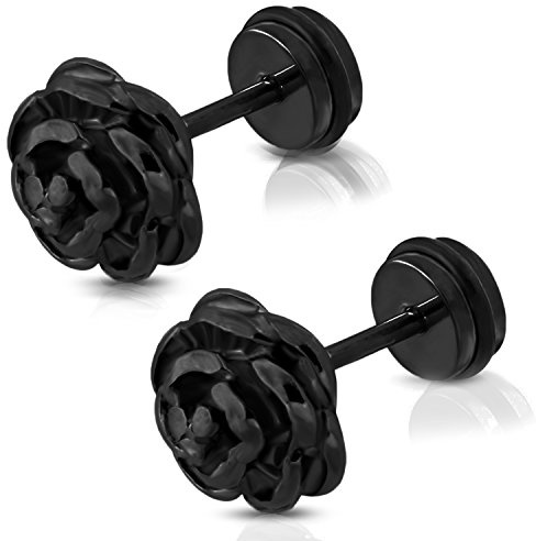 Comfort Zone Studios 6 MM (2g) Black Stainless Steel Rose Flower Faux Fake Cheater Ear Plugs Gauge, Pair