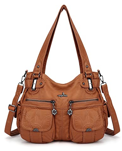 Angelkiss Damen Handtasche Große Doppelreißverschluss Multi Pocket Washed Schultertasche Designer-Handtaschen für Frauen