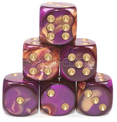 Würfelzeit 7472 - Würfel w6 16 mm, Alyen Purpur-Kupfer m/Gold (6er Set im Polybeutel)