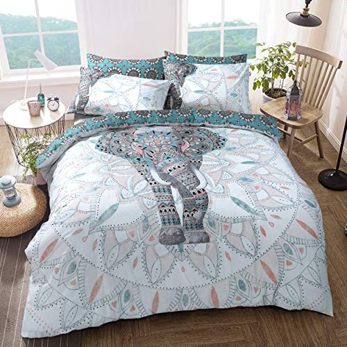 Sleepdown Elefant Mandala Bettwäsche-Set, wendbar, pflegeleicht, antiallergisch, weich und glatt, mit Kissenbezügen (Einzelbett)