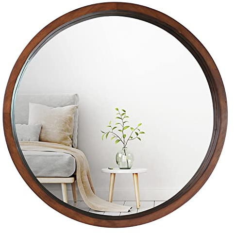 Mirrorize 56 Cm Spiegel Rund Holzrahmen Dekorative Wandspiegel, Badezimmer Spiegel, Runder Badspiegel, Deko Spiegel Flur Walnussbraun