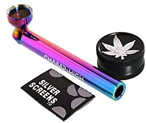 CHAMP HIGH Metall Pur Pfeife Rainbow mit Grinder & Siebe, Schwarz, Klein