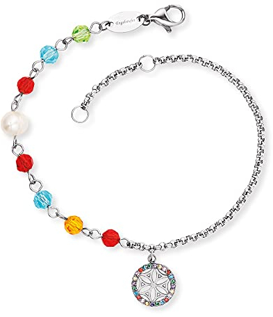 Engelsrufer Damen Armband silber aus Edelstahl, Glasperlen und Lebensblume Anhänger - besetzt mit 24 bunten Zirkonia -in zwei Längen verstellbar - nickelfrei
