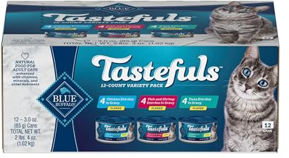 Blue Buffalo Tastefuls Flaked Wet Cat Food Variety Pack, Made with Natural Ingredients, Tuna, Chicken, Fish & Shrimp, 3-oz Cans (12 Count, 4 of Each)