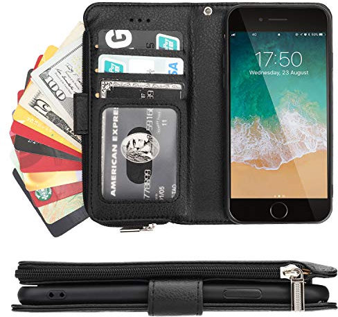 ShunShunJieTech for iPhone SE 2022 / SE 2020 Case,for iPhone 7/8 Case,PU Leather Zip Pocket Wallet Flip Case Magnetic Closure with Card Slots for iPhone SE2022 SE2020 7 8 (4.7)-Black