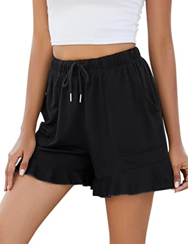 KOJOOIN Damen Shorts Kurze Hose Sommer Sporthose Jogginghose Loose Fit Sweathose mit Taschen,für Jogging Yoga Fitness Freizeithose Schwarz L
