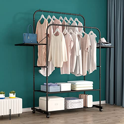 Kleiderständer Fahrbarer Metall Kleiderstange Freistehender Kleiderbügel Fashion Garderobenständer, mit Gitter and Unteres Lagerregal 360° Riemenscheibe, for Schlafzimmer (136. 5X50.5X155.5cm)-black
