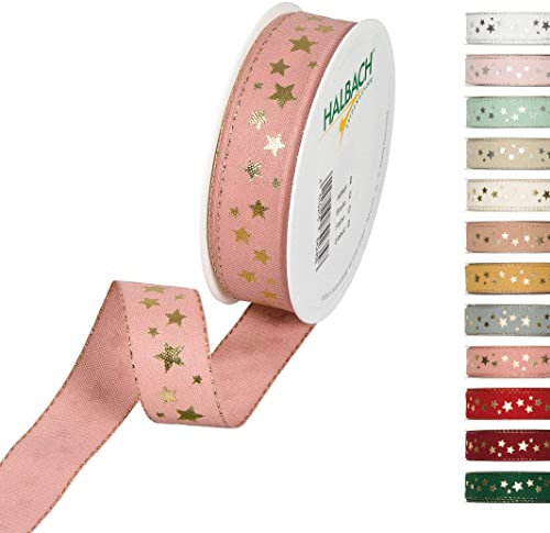 Halbach Seidenbänder Weihnachtsband 25 mm x 18 m Geschenkband für Weihnachten zum Einpacken von Geschenken, Schleifenband mit Sternen in Gold bedruckt und Lurexkanten, Farbe: Rosa