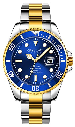 Charles William Mens Homage Quartz Watch Black Silver Or Blue Two Tone Magnified Date Display Stainless Steel Strap Watches for Men
