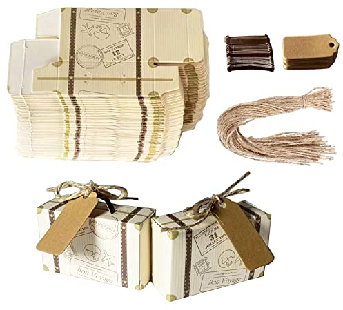 Wuuooei 50PCS kleine Kraft Papier Geschenkbox Hochzeit Schmuck Schachtel Gastgeschenke Süßigkeiten Schokolade Kartonagen Bonboniere Favour Boxen mit Schlagworten für Kinder Geburtstag, Hochzeit