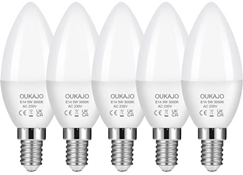 OUKAJO E14 LED Light Bulb,Small Edision Screw (SES) Candle, Energy Saving Light Bulb,5W(Equivalent to 40W) Warm White 3000K 450lm,5 Count (Pack of 1)