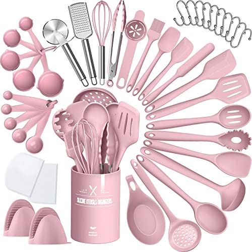 Silicone Cooking Kitchen Utensil Set, AIKKIL 43 Pcs Pink Cooking Utensils Set, Turner, Tongs, Spoon, Spatula, Kitchen Gadgets Tools Set for Nonstick Cookware, Heat Resistant (Dishwasher, BPA Free)