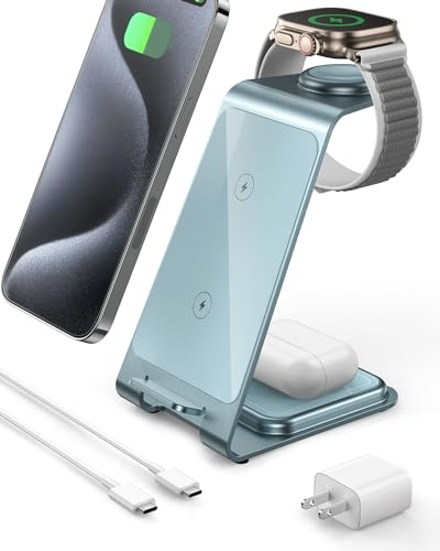Induktive Ladestation Kompatibel mit Magsafe Ladegerät für iPhone 16 Pro/16/16 Pro Max/15 Pro/15/15 Pro Max, für Apple Watch 10/Ultra 2/SE/9/8/7/6/5/4/3/2, für AirPods 4/3/2/Pro (Blau)