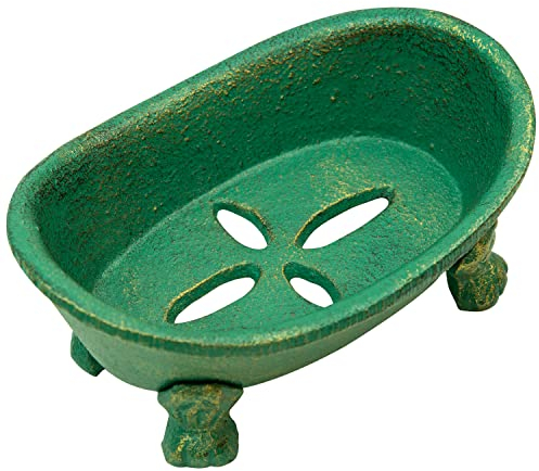 Woodside Decorative Bathtub Shaped Cast Iron Soap Dish Holder, Heavy Duty Hand Soap Tray for Kitchen/Bathroom, Antique Green Rustic Finish
