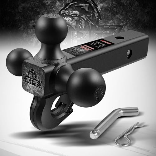 Trailer Hitch Tri Ball Mount with Hook,Fits 2” Hitch Receiver,1-7/8, 2& 2-5/16Matt Black Plated Balls ,Secure with Self-Lock Latch, 10,000 LBS GTW,for RV,SUV, ATV and Truck etc