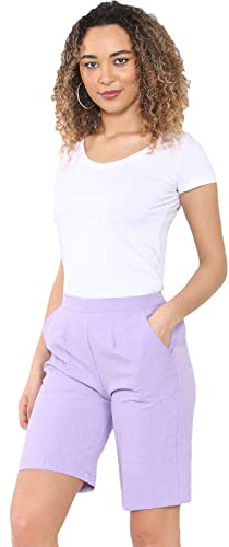 MyShoeStore Ladies Womens 3/4 Three Quarter Half Elasticated Trouser Plain Capri Cropped Stretch Trousers Plain ¾ Length Pants Summer Shorts Plus Big Sizes 10 to 24 (Cationic Shorts Lilac, 16)