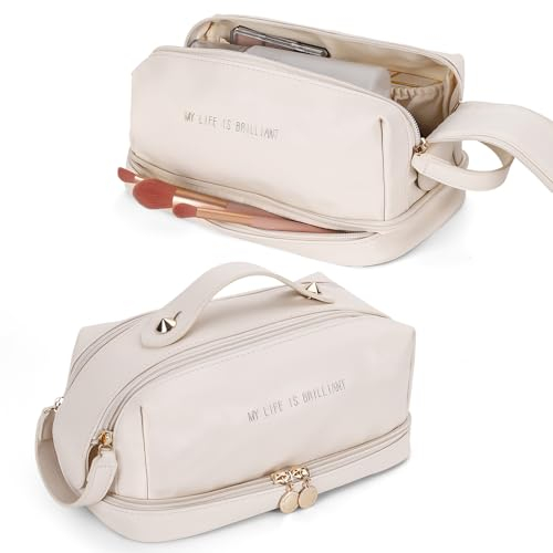 Lannvan PU Trousse Cosmétique Double Couche zippée, Sac de Voyage Cosmétique de Grande Capacité, Trousse de Toilette Femme avec poignée et Compartiments, Trousse de Maquillage Multifonction, Blanc