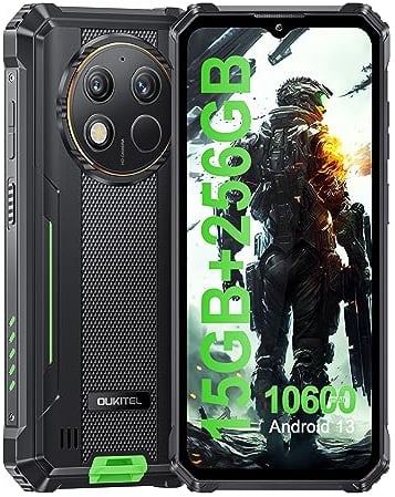 OUKITEL WP28 Outdoor Handy - 15GB RAM+256GB ROM 10600 mAh Android13 Outdoor Smartphone 48 MP Kamera 6,52 Zoll baustellenhandy IP68/69K/Dual SIM/Face ID/NFC/OTG/GPS, Grün