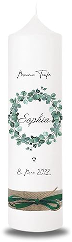 VILLA ROSA LOTTA - Personalisierbare Taufkerze Kommunionkerze Celina mit Wunschdaten und Rückseite I Blumen Kranz Motiv I 25 cm x 7 cm I Taufkerzen für Jungen und Mädchen I Farbe elfenbein weiß